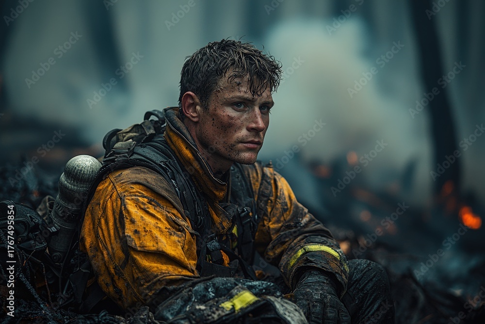 Fototapeta premium Exhausted firefighter resting in forest after battling wildfire, smoke and ash in aftermath of intense emergency response