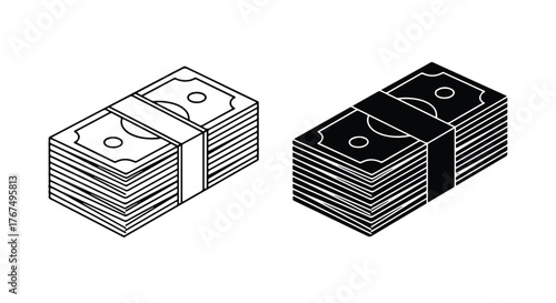 Two isometric stacks of money bundles one line drawing one solid one - Line and glyph icon and logo - Vector icon symbol for website - Icon vector