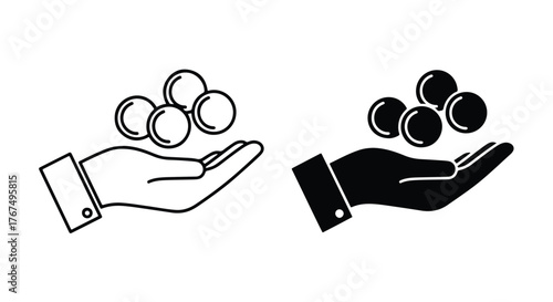 Hand holding coins icon set outline and silhouette money concept - Line and glyph icon and logo - Vector icon symbol for website - Icon vector