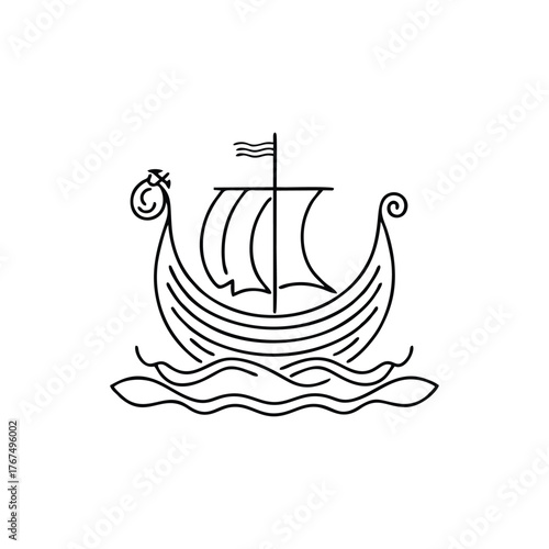 Line drawing of a Viking ship sailing on the sea with a flag waving.