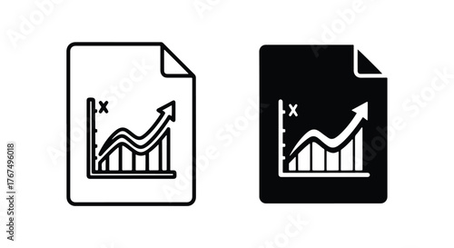 Two document icons featuring upward trend bar chart graphs - Line and glyph icon and logo - Vector icon symbol for website - Icon vector
