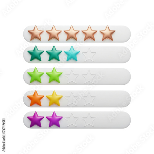 Isolated on transparent background, this image shows a set of five star rating bars with different star colors, representing various levels of customer satisfaction and feedback