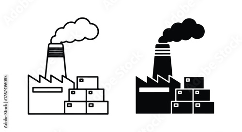 Industrial factory icon with smoke and boxes line art and silhouette - Line and glyph icon and logo - Vector icon symbol for website - Icon vector