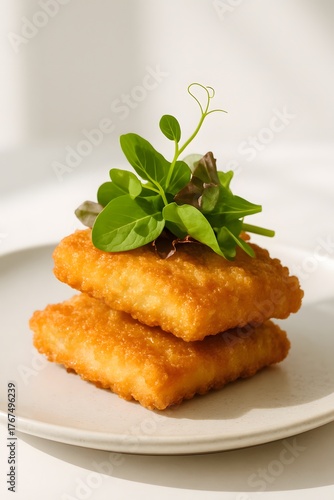 Crispy Fried Food Appetizer with Fresh Herbs and Vegetable Garnish - Modern Cuisine and Culinary Art on White Background