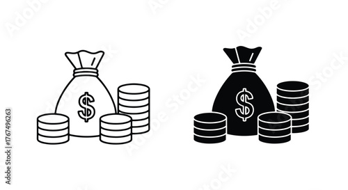 Money bags and stacked coins financial wealth and investment icon set - Line and glyph icon and logo - Vector icon symbol for website - Icon vector