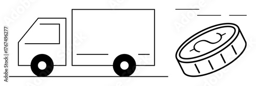 Delivery truck beside coin with dollar indicating financial exchanges, business logistics, and e-commerce. Ideal for shipping, payments, trade, commerce, transport, economy and logistics in a simple