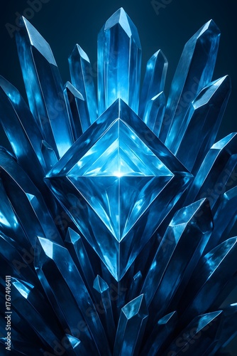 Elegant 3D Blue Crystal Gemstone Art with Geometric Facets and Shimmering Lighting - Modern Luxurious Abstract Backgrounds and Decorative Visuals