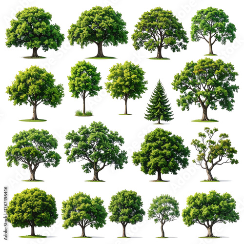 Array of diverse, digitally rendered trees with varying foliage, set against a black backdrop
