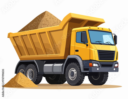 Yellow Dump Truck Illustration with Sand Construction and Transportation Concept