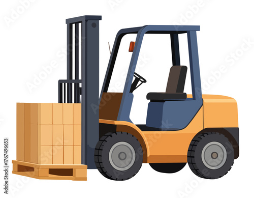 Illustration of a forklift carrying a pallet of boxes, commonly used in warehouses and logistics