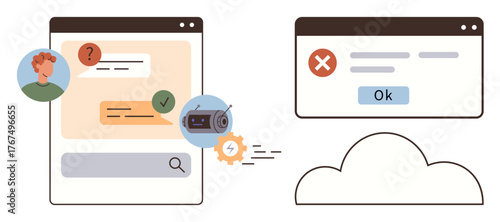 Chat interface with user queries, system checkmarks, alerts, error pop-ups, and cloud connection. Ideal for technology, support, online systems, troubleshooting cloud services communication simple