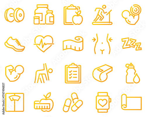 Simple set of fitness related vector line icons. Contains such icons as workout, sleep, diet plan, sports supplements, nutrition and more.
