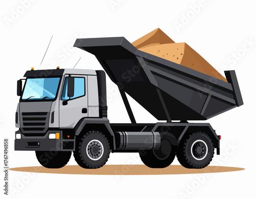 Heavy-duty construction dump truck hauling sand for building projects. Industrial vehicle for material transport and earthmoving tasks. Tipper lorry delivering bulk aggregate