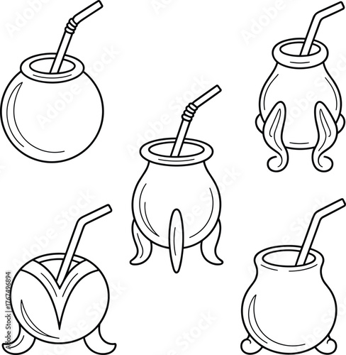 Mate Gourd Calabash Cups Vector Outline Set Bombilla Straw Traditional South American Tea Drinking Culture Illustration Black.