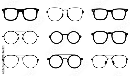 Collection of nine different styles of eyeglasses and spectacles in a grid layout