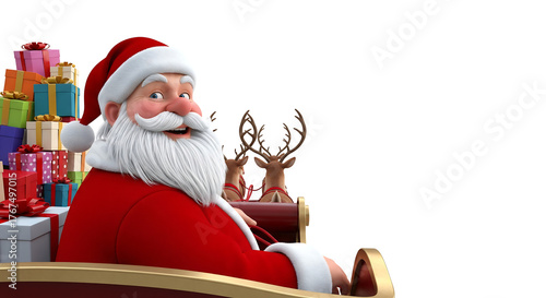 Cartoon Santa Claus sitting in a sleigh with a pile of colorful Christmas presents and reindeer in the background, on a white backdrop.