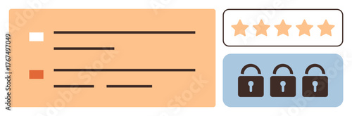 Login form with text fields, rating stars, and secured padlocks representing security and user feedback. Ideal for user interface, security protocols, online reviews, authentication, privacy