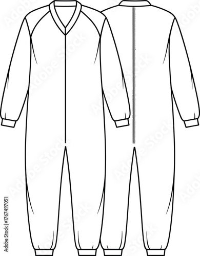 Baby Footed Sleeper Technical Flat Sketch Vector Illustration Long Sleeve Raglan Zip-Up V-Neck Knitwear Jumpsuit Apparel Template.