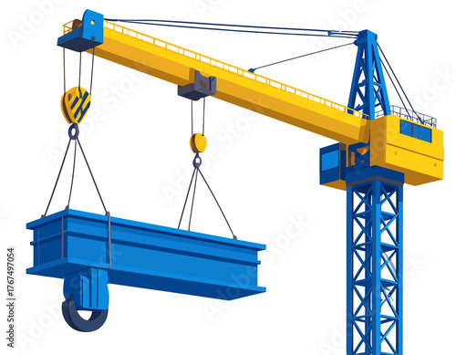 Construction crane lifting heavy blue steel beam for building assembly
