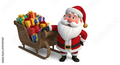 Santa Claus stands beside a wooden sleigh filled with colorful wrapped Christmas presents.