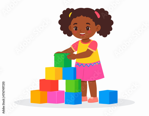 Adorable young Black girl playing with colorful building blocks, creating a fun tower and enjoying playtime indoors