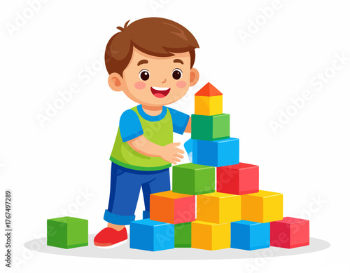 Happy child building a tall tower with colorful wooden toy blocks, enjoying playtime and developing motor skills