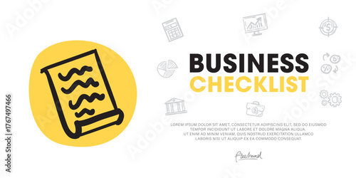 Business checklist a Modern Web Banner Concept Using hand-drawn Doodle icon Graphics.