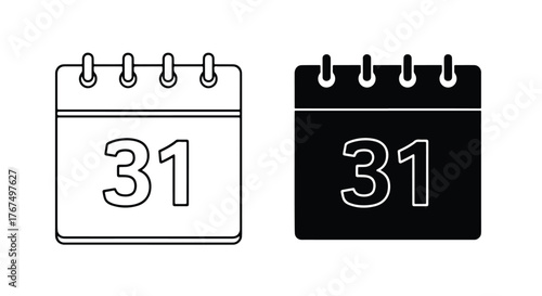 Calendar page with number 31 icon set two styles simple design - Line and glyph icon and logo - Vector icon symbol for website - Icon vector