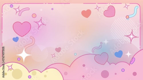 Yellow and pink pastel animated frame with clouds, stars, and heart shapes, cute cloud sky themed border concept for invitation, motion background promotion