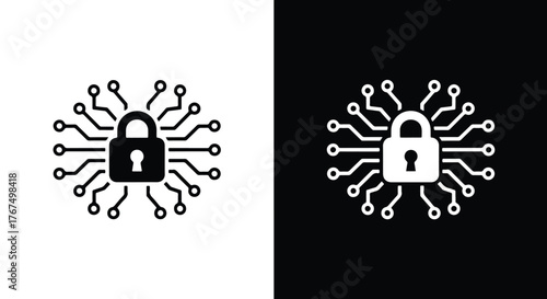 Digital security lock icon integrated with circuitry for data protection - Line and glyph icon and logo - Vector icon symbol for website - Icon vector