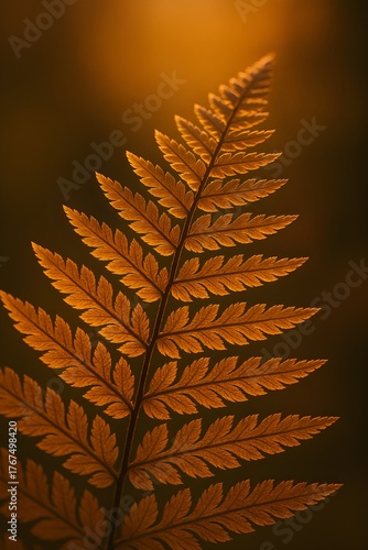 Close-up of fern leaf glowing softly in warm light