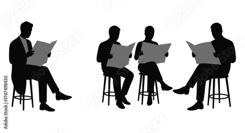 Silhouettes of four business people sitting and reading newspapers outdoors during a sunny day silhouette