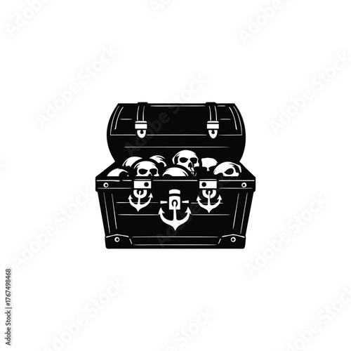Black and white illustration of a treasure chest filled with skulls, open and ready.