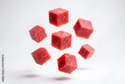 Floating Beef Cubes: 3D Rendered Raw Meat for Culinary Art and Modern Cooking Photography