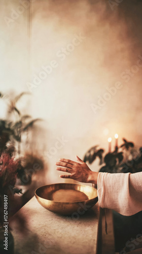 A practitioner gently hovers a hand above a singing bowl, focusing on sound therapy in a calming environment filled with soft light and natural elements