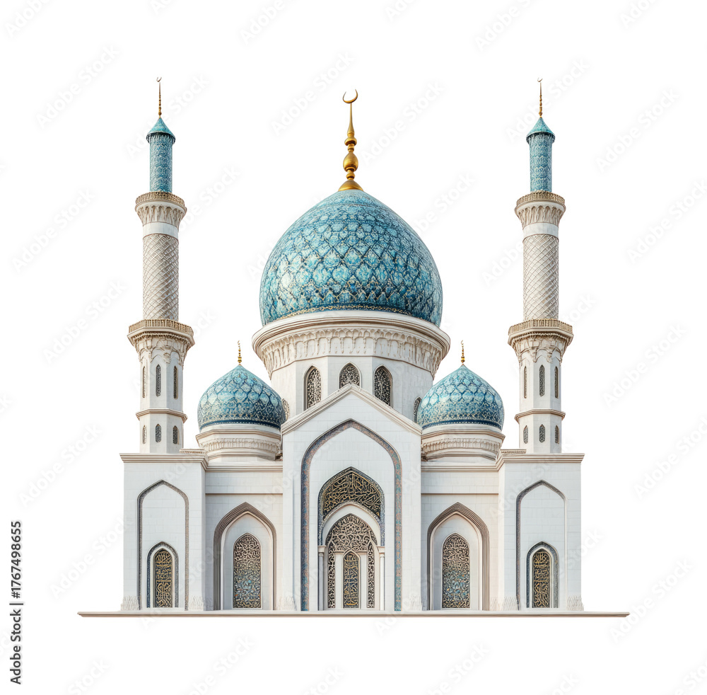 Fototapeta premium Majestic blue dome mosque with intricate architecture and minarets