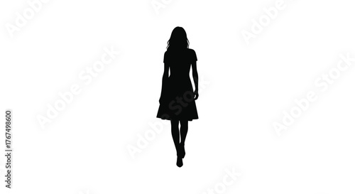 Elegant silhouette of a woman in a flowing dress walking gracefully against a stark white backdrop silhouette