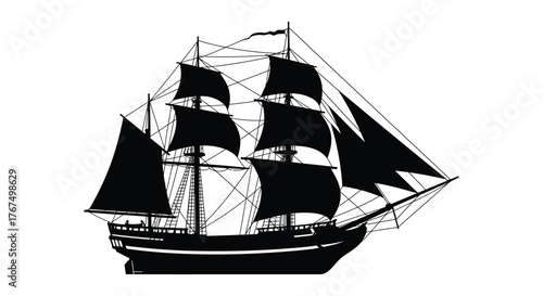 Majestic vintage tall ship sailing through open waters with full sails billowing in the wind silhouette