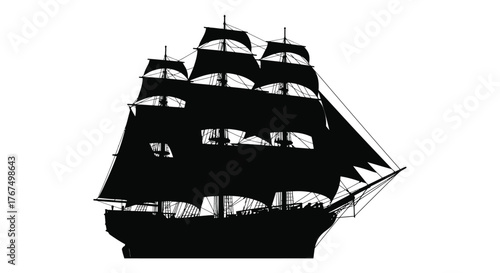 Silhouette of a majestic tall ship with full sails navigating open waters under the sky silhouette