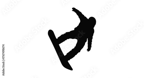 Dynamic silhouette of a snowboarder performing a jump and trick in mid-air for extreme sports content silhouette