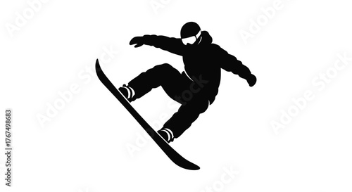 Dynamic silhouette of a snowboarder performing an aerial trick mid-jump on a white backdrop silhouette