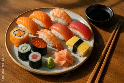 Gourmet Sushi Platter with Sashimi and California Rolls: Japanese Cuisine and Delicious Seafood Photography