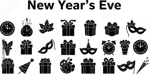 New years eve icons, featuring clocks, gifts, masks, and festive elements, symbolizing celebration and anticipation