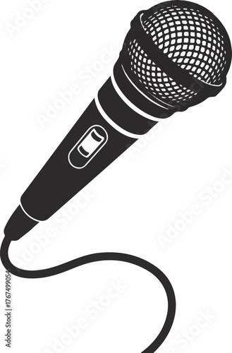 Classic dynamic microphone vector icon with cord and on off switch presented in black and white