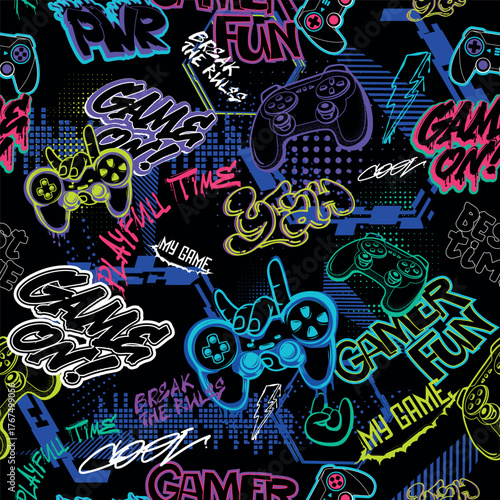 Seamless street art gaming pattern with graffiti-style text, gamepads and neon icons. Urban digital design for streetwear, gamer apparel, kids fashion, backpacks and wrapping paper.