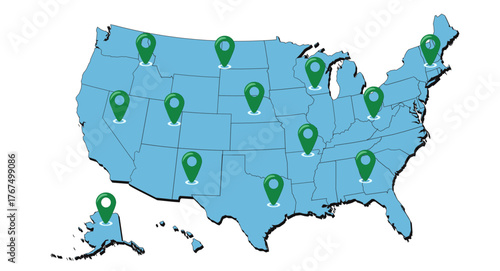 Map of the United States with location pins indicating various locations.