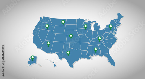 Map of the United States with location markers on each state.