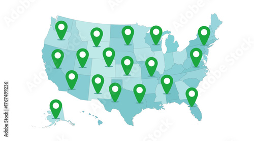 USA map with green location pins marking different states across the country.