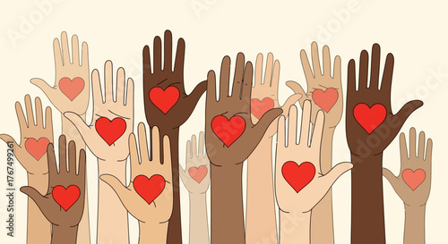 Diverse hands raised with red hearts, symbolizing unity, love, and support.