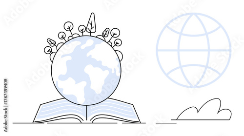 Earth globe on open book surrounded by plants and trees. Ideal for education, ecology, sustainability, growth, global learning, environmental awareness, simple flat metaphor